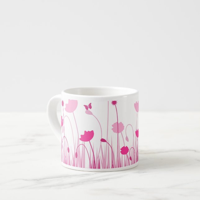 Minimalist Pink and White Poppies Meadow Floral Espresso Cup (Front Left)