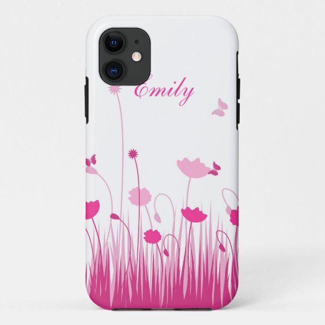 Minimalist Pink and White Poppies Meadow Name Case-Mate iPhone Case (Back)