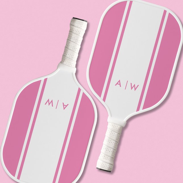 Minimalist Pink and White Stripe Modern Monogram Pickleball Paddle (Creator Uploaded)