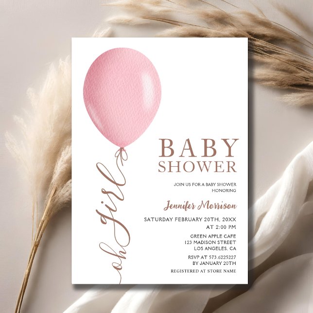 Minimalist Pink Balloon Oh Girl Baby Shower Invitation (Creator Uploaded)