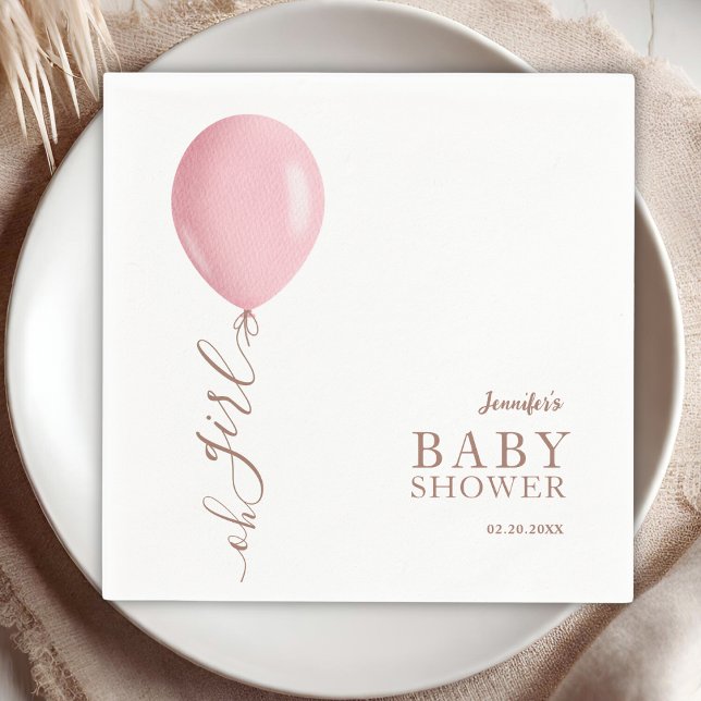 Minimalist Pink Balloon Oh Girl Baby Shower Napkin (Creator Uploaded)
