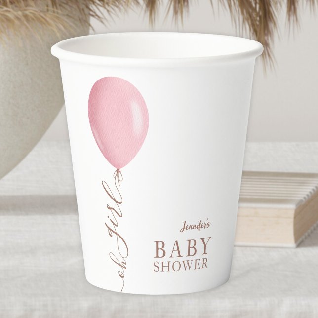 Minimalist Pink Balloon Oh Girl Baby Shower Paper Cups (Creator Uploaded)