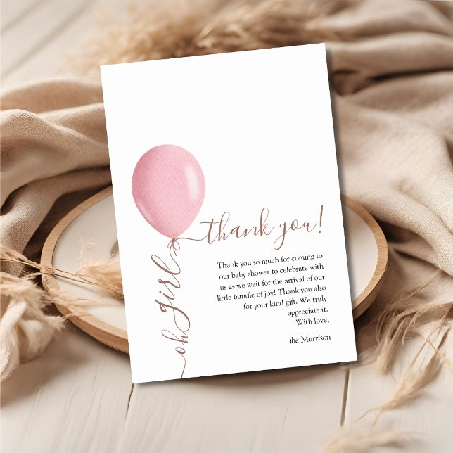 Minimalist Pink Balloon Oh Girl Baby Shower Thank You Card (Creator Uploaded)