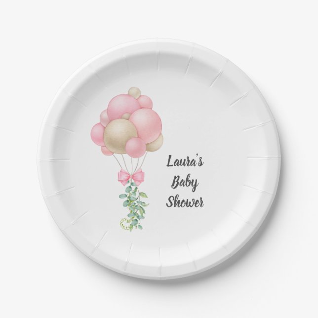 Minimalist Pink Balloons Girl Baby Shower Paper Plate (Front)