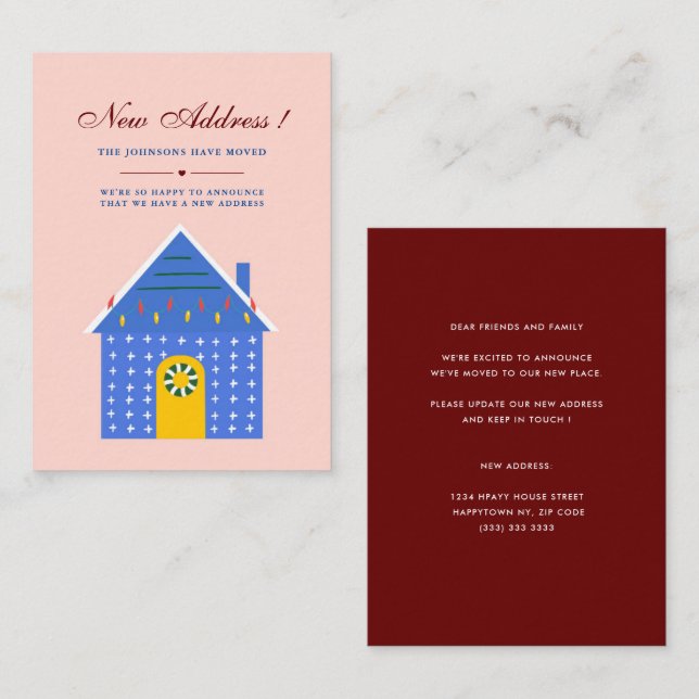 Minimalist Pink Blue HouseNew Address Announcement (Front/Back)