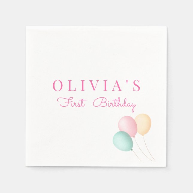 Minimalist Pink Blue Yellow Balloon First Birthday Napkin (Front)
