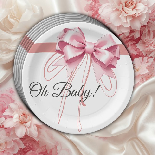 Minimalist Pink Bow Baby Shower Paper Plate (Creator Uploaded)