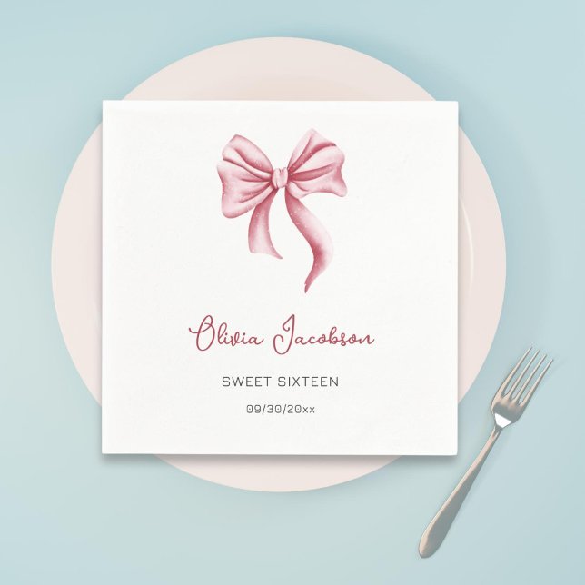 Minimalist Pink Bow Girl Sweet Sixteen Birthday Napkin (Creator Uploaded)
