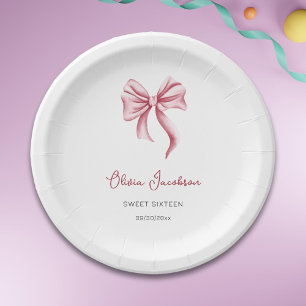 Minimalist Pink Bow Girl Sweet Sixteen Birthday Paper Plate