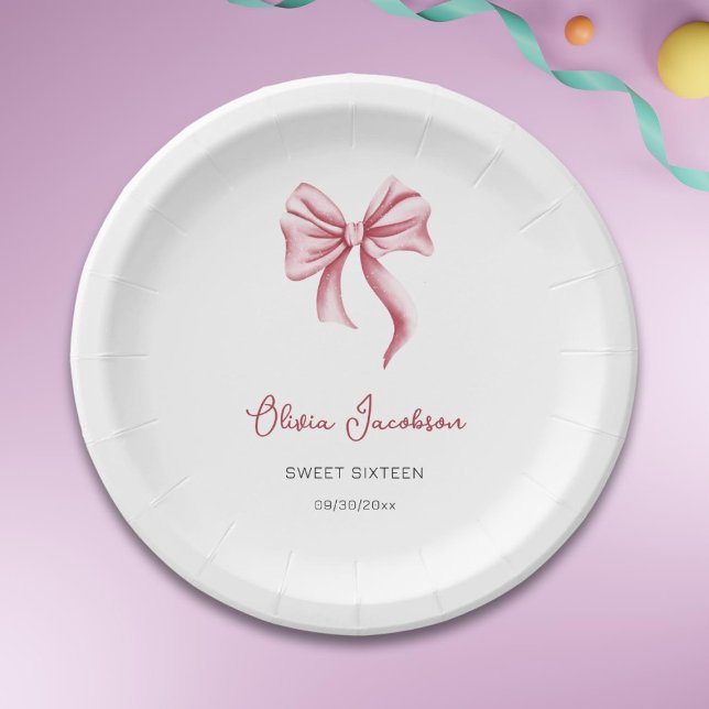 Minimalist Pink Bow Girl Sweet Sixteen Birthday Paper Plate (Creator Uploaded)