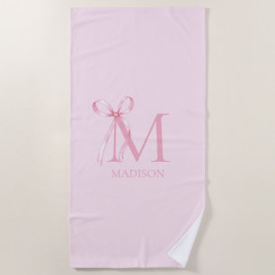 Minimalist Pink Bow Initial Monogram Beach Towel