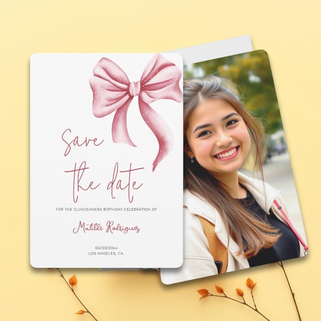 Minimalist Pink Bow Quinceañera Photo Save The Date (Creator Uploaded)