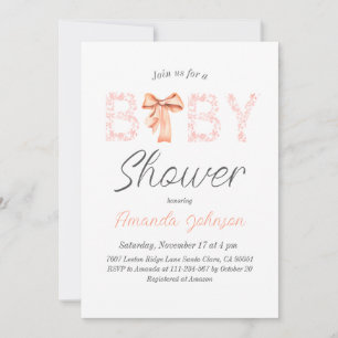 Minimalist Pink Bow Toile Floral Baby Shower Invitation