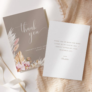 Minimalist Pink Brown Boho Floral   Bridal Shower  Thank You Card