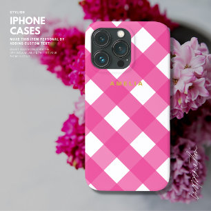 Minimalist Pink Check iPhone Case with Name