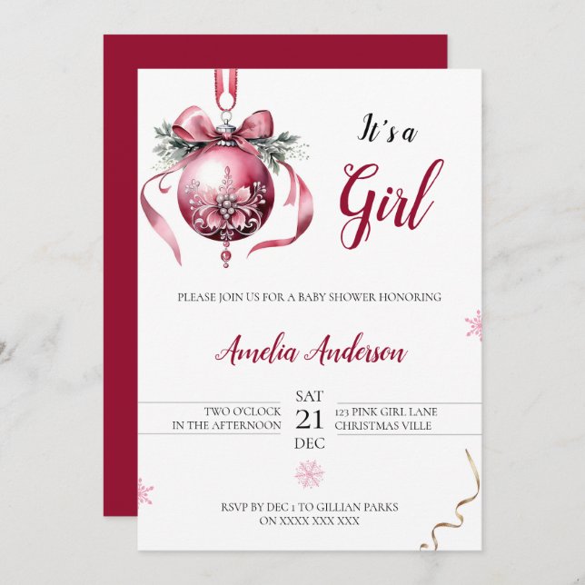 Minimalist Pink Christmas Ornament Baby Shower Invitation (Front/Back)