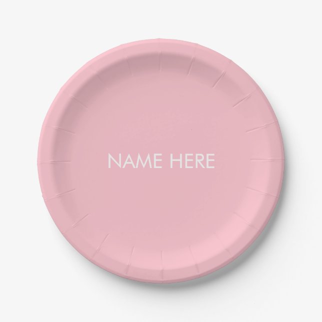 Minimalist pink custom name text solid elegant paper plate (Front)