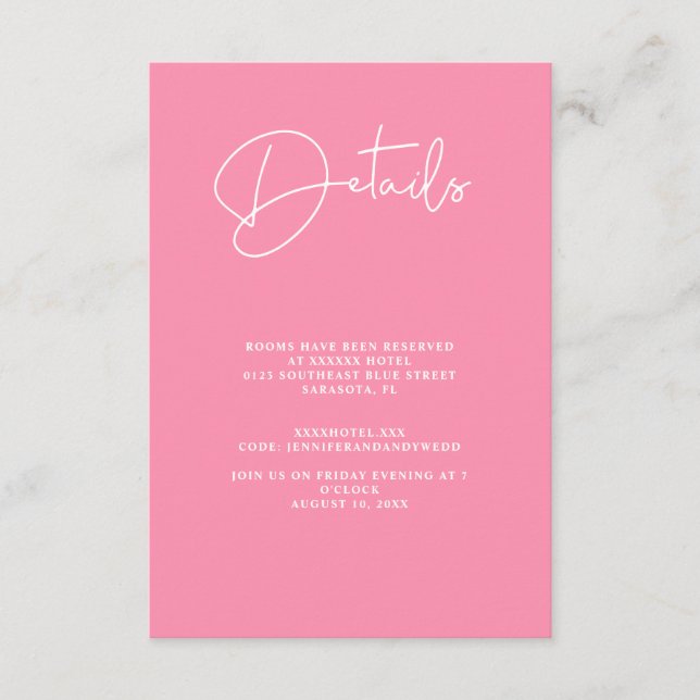 Minimalist Pink Details Wedding Details  Enclosure Card (Front)