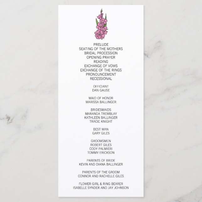 Minimalist Pink Gladiolus Wedding Program (Front)