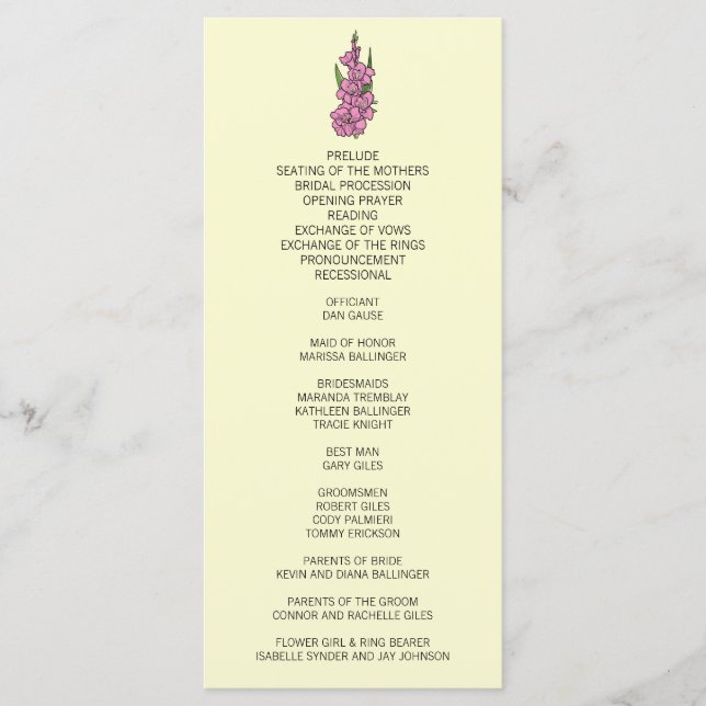 Minimalist Pink Gladiolus Wedding Program (Front)