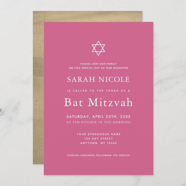 Minimalist Pink & Gold Bat Mitzvah Invitation (Front/Back)