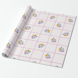 Minimalist Pink Grid & Pastel Ditsy Floral Wrapping Paper