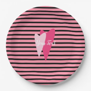 Minimalist Pink Hearts Stripes Valentines Day Paper Plate