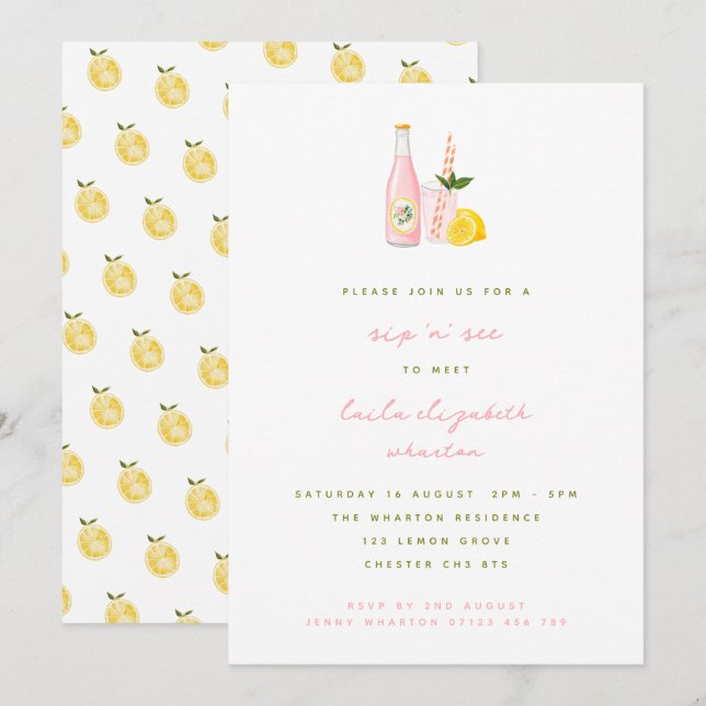 Minimalist Pink Lemonade Baby Sip and See Invitation (Front/Back)
