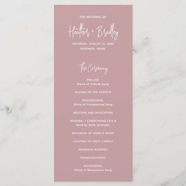 Minimalist Pink Modern Wedding Program (Front)