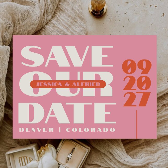 Minimalist Pink Orange Retro Script Wedding Photo Save The Date (Creator Uploaded)
