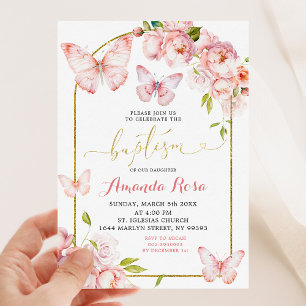 Minimalist Pink Peony Floral Butterfly Baptism Invitation