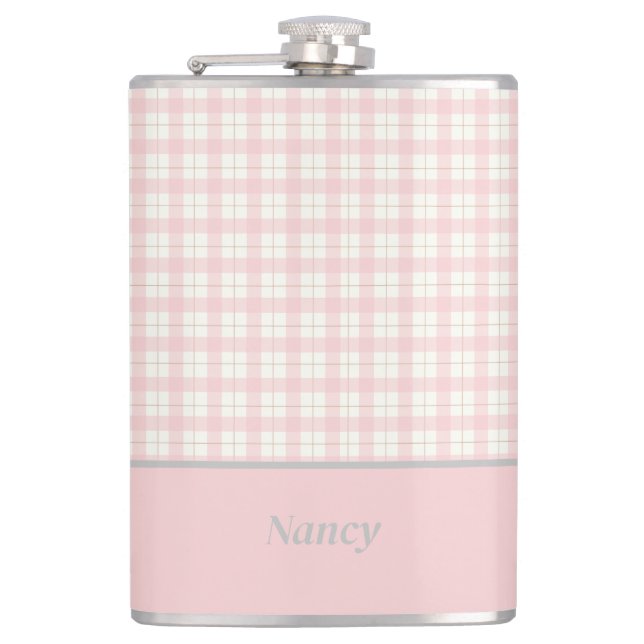 Minimalist Pink Plaid Custom Name Hip Flask (Front)