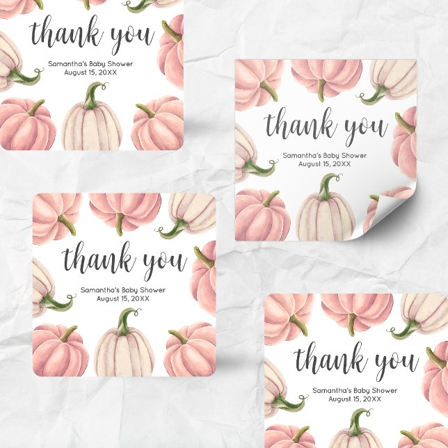 Minimalist Pink Pumpkin Fall Baby Shower Square Sticker (Pink Pumpkin Baby Shower Square Sticker)