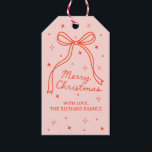 Minimalist Pink Red Bow Merry Christmas Custom Gift Tags<br><div class="desc">Add an elegant, modern touch to your holiday gifts with this minimalist pink Christmas tag. Featuring a delicate hand-drawn red bow surrounded by sparkling stars and the phrase “Merry Christmas, ” it blends simplicity with festive warmth. The soft blush background and thin red line art create a timeless, feminine look...</div>