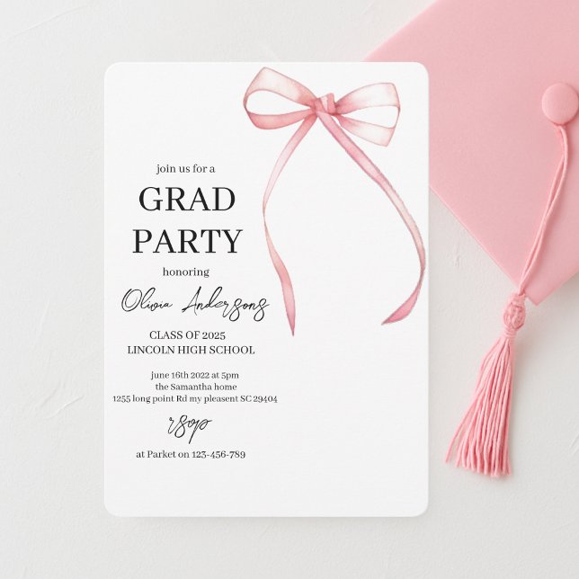 Minimalist Pink Ribbon Graduation Party Invitation (Creator Uploaded)