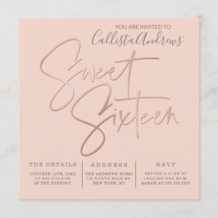 Minimalist Pink Rose Gold Typography Sweet 16 Invitation