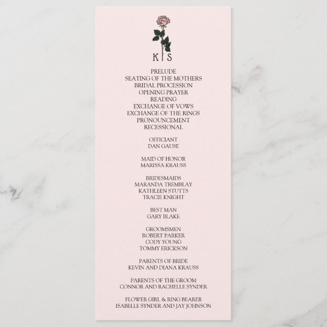 Minimalist Pink Rose Monogram Wedding Program (Front)