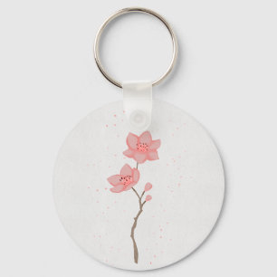 Minimalist Pink Sakura Cherry Blossom Floral Art P Key Ring