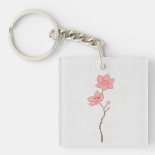 Minimalist Pink Sakura Cherry Blossom Floral Art P Key Ring