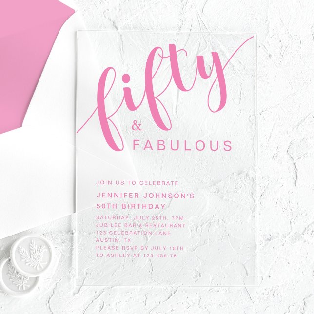 Minimalist Pink Script 50th Birthday Acrylic Invitations (Minimalist Pink Script 50th Birthday Acrylic Invitations)