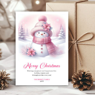 Minimalist Pink Snowman Kids Editable Christmas  Holiday Card