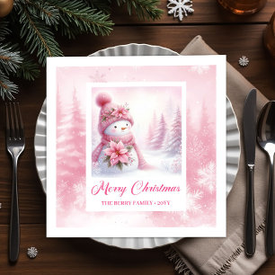Minimalist Pink Snowman Kids Winter Forest Pinkmas Napkin
