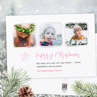 Minimalist Pink Star Handdrawn 3 Photo Script Holiday Card