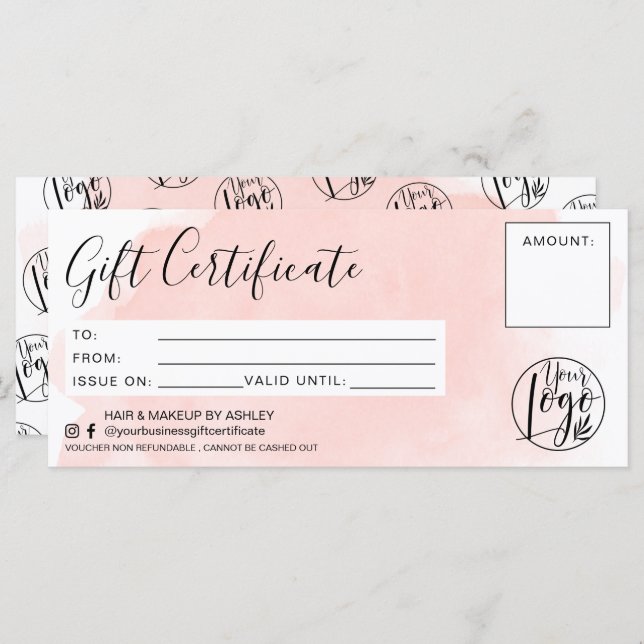 Minimalist pink watercolor gift certificate logo (Front/Back)