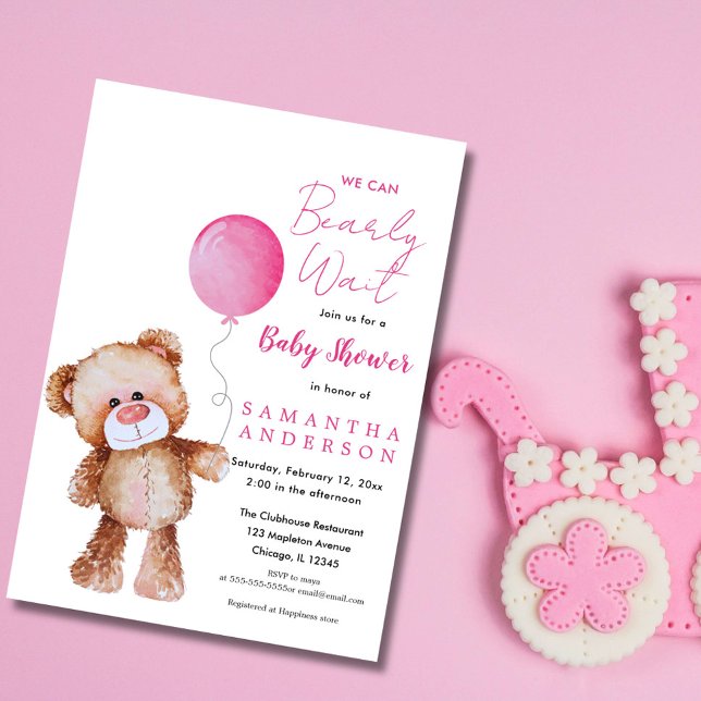  Minimalist Pink 'We Can Beary Wait!' Baby Shower Invitation (WE CAN BEARLY WAIT BABY SHOWER GIRL INVITATION)