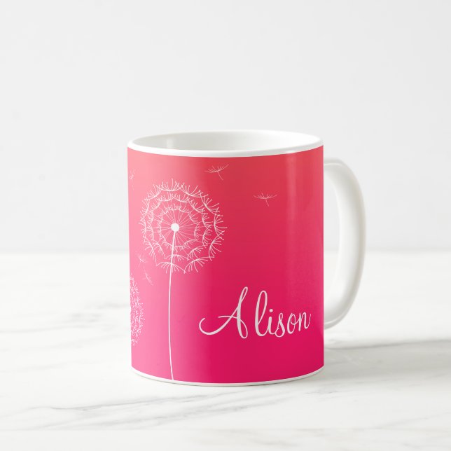 Minimalist Pink White Dandelion Flowers Name Coffee Mug (Front Right)