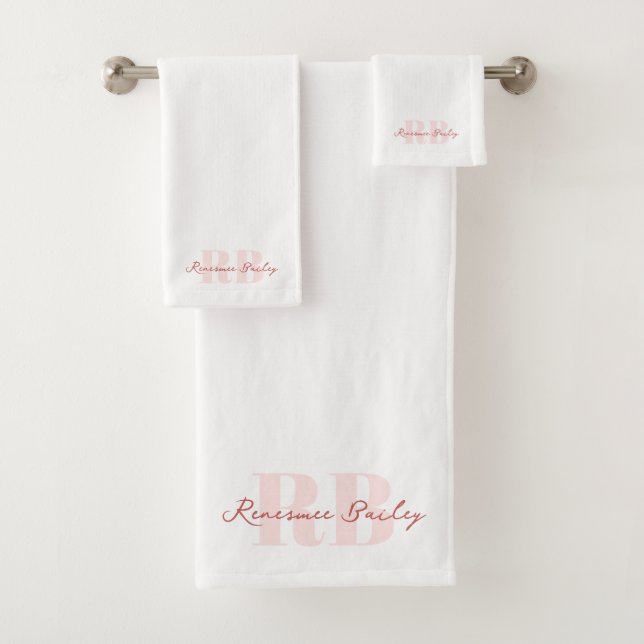 Minimalist Pink White Monogram Bath Towel Set (Insitu)