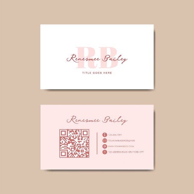 Minimalist Pink White Monogram Qr Code Business Card (Creator Uploaded)