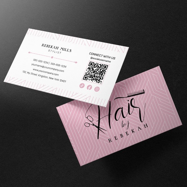 Minimalist Pink White Pattern Hairstylist QR Code Business Card (Creator Uploaded)