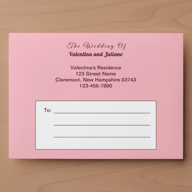 Minimalist Pink With Dark Burgundy Text Wedding Envelope (Typography style minimalist pink wedding envelope)